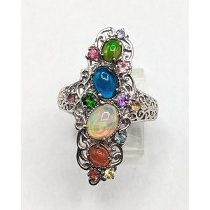 Sterling Silver 925 Multicolor Gemstone Opal Cocktail Statement Ring Size 8